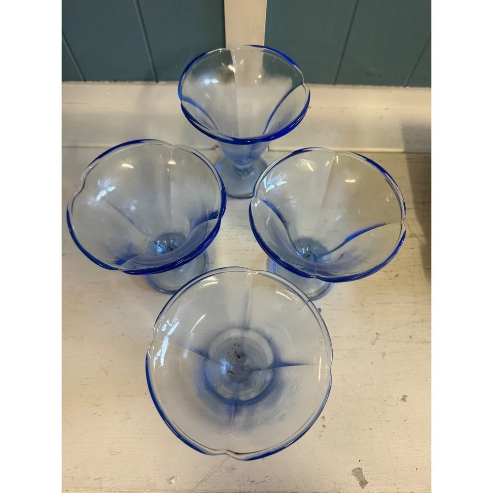 Vintage Frosted Light Blue Glass Sundae Dishes Cobalt Blue Rim Set of 4 Footed